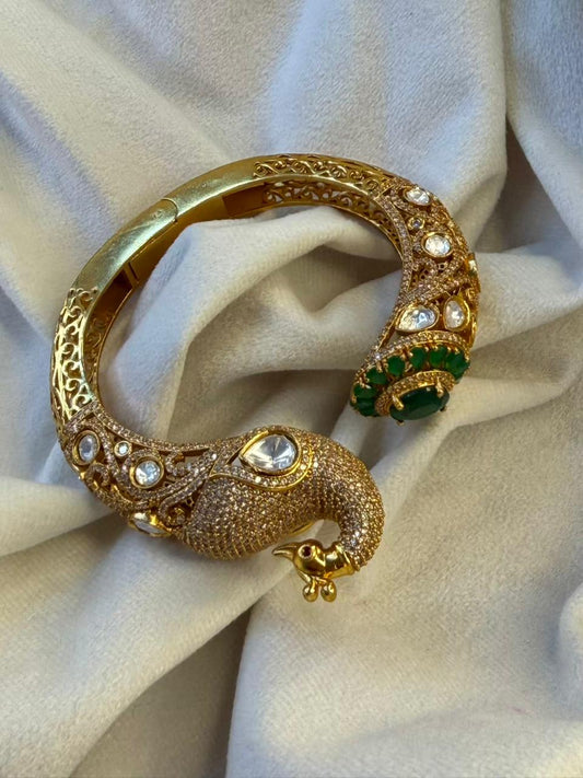 Peacock Green Emerald Moissanite Traditional Bangle in Dark Gold Premium Plating