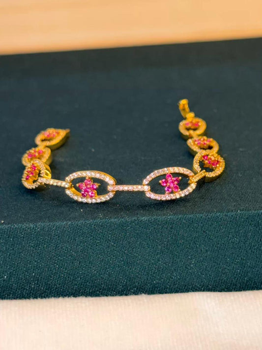 White Red Stones Round Star Shaped Gold Plated Tennis Bracelet