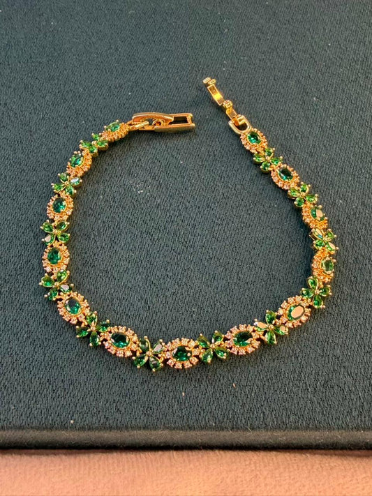 Geometric Drop Round Shaped Emerald Green Stones Gold Plated Tennis Bracelet