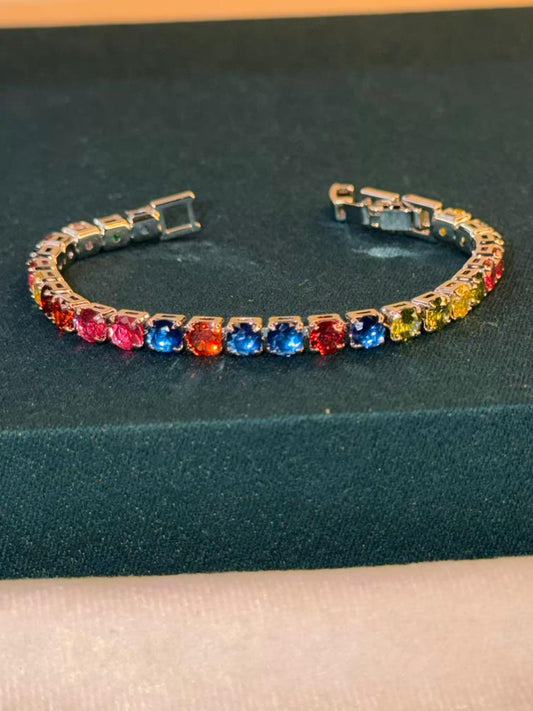 Multicoloured Round Shaped Sequence Silver Plated Tennis Bracelet