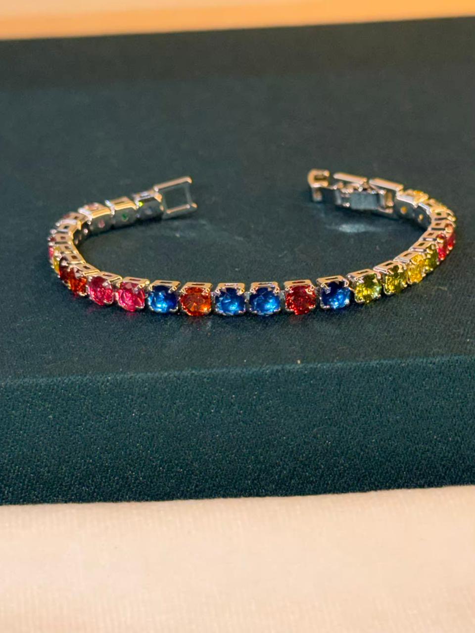 Multicoloured Round Shaped Sequence Silver Plated Tennis Bracelet