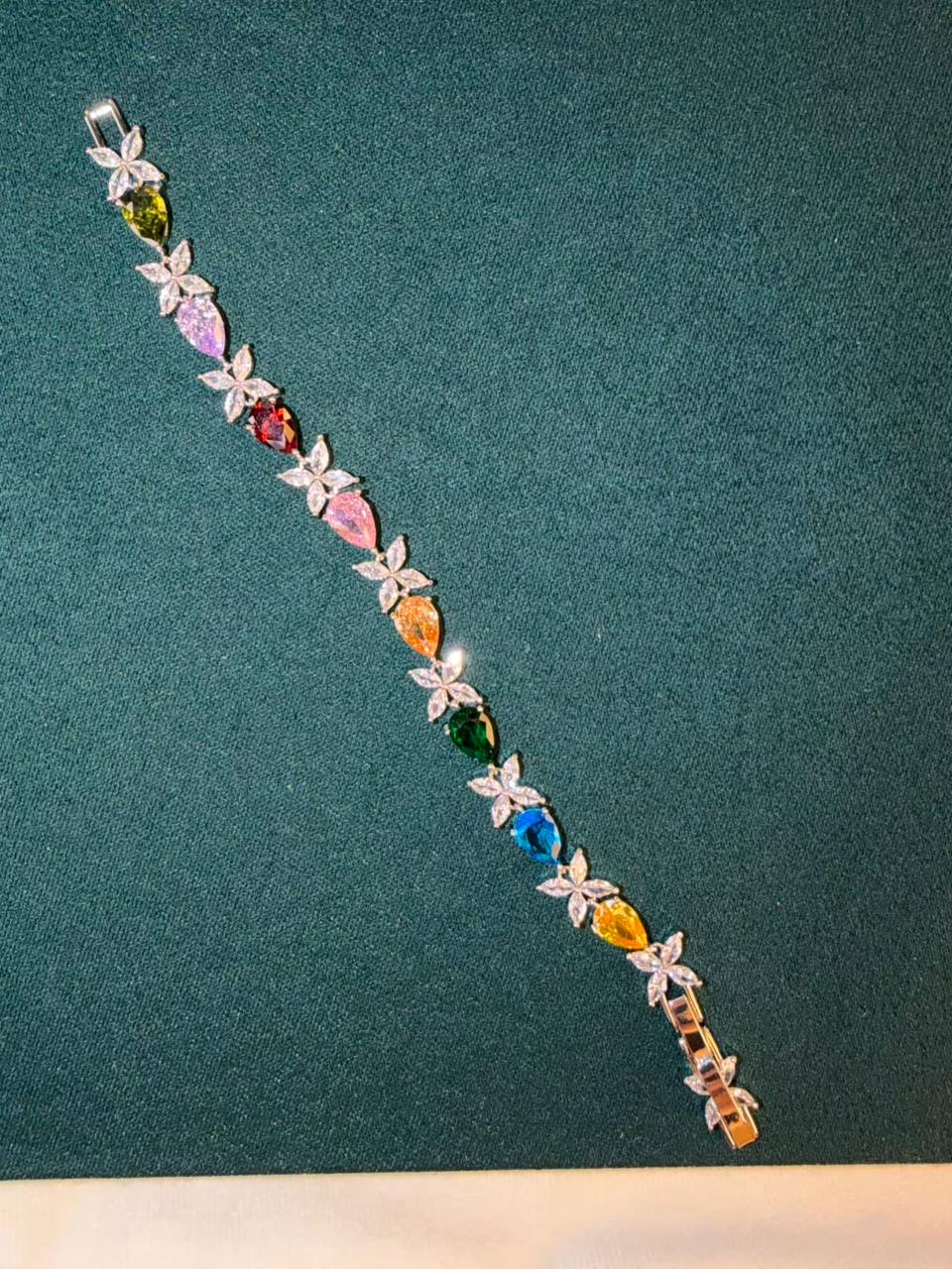 Multicoloured Geometric Drop Shaped Silver Plated Tennis Bracelet