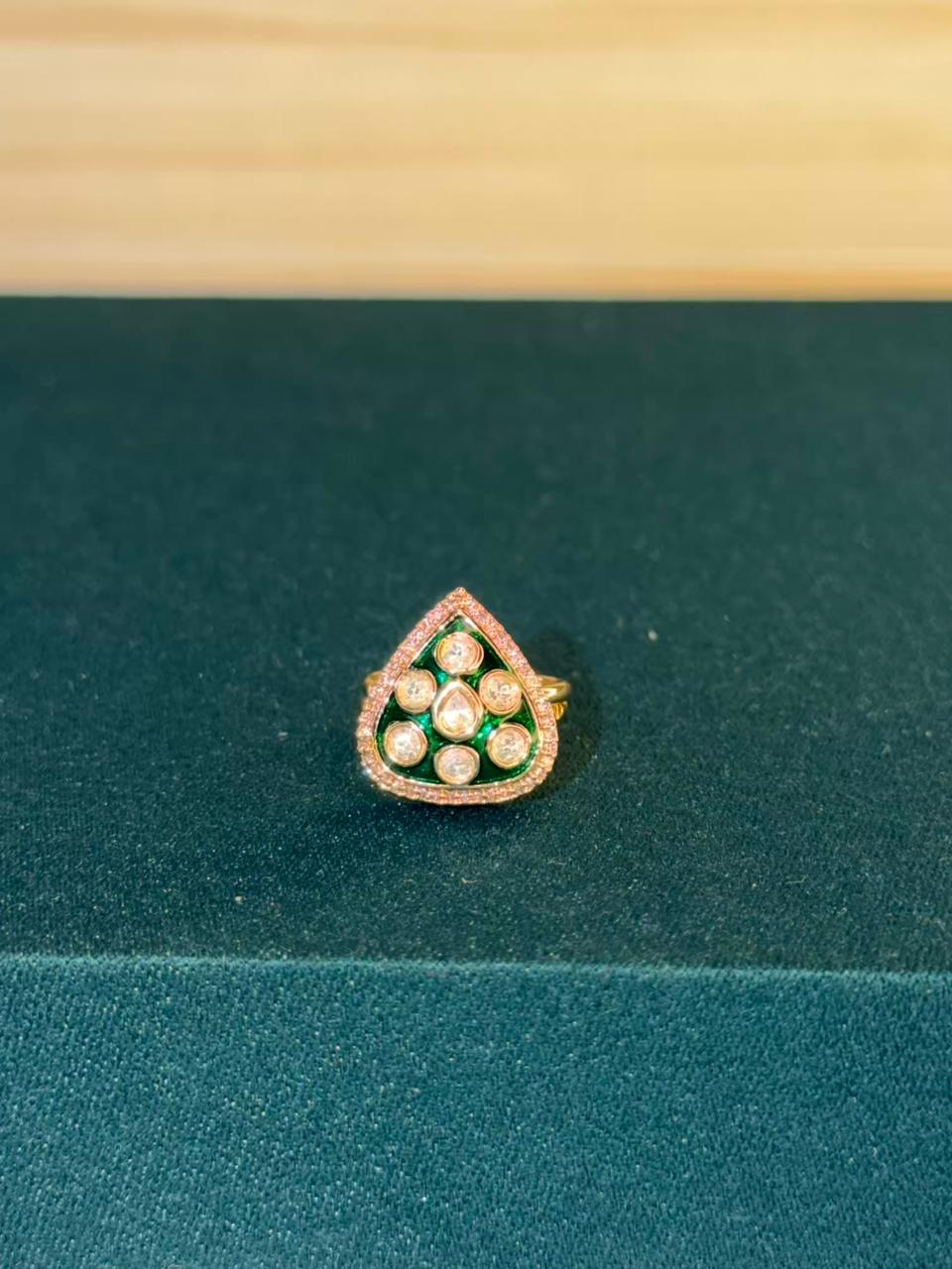 Emerald Green Colour Drop Shape Gold Plated Ring Size Adjustable