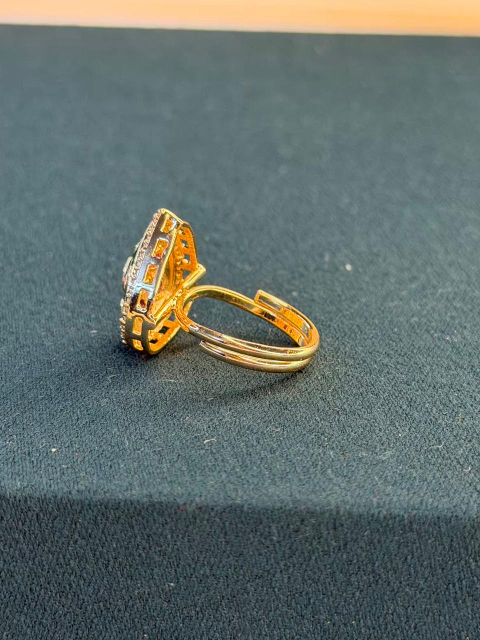 Green and Pink Colour Drop Shape Gold Plated Ring Size Adjustable
