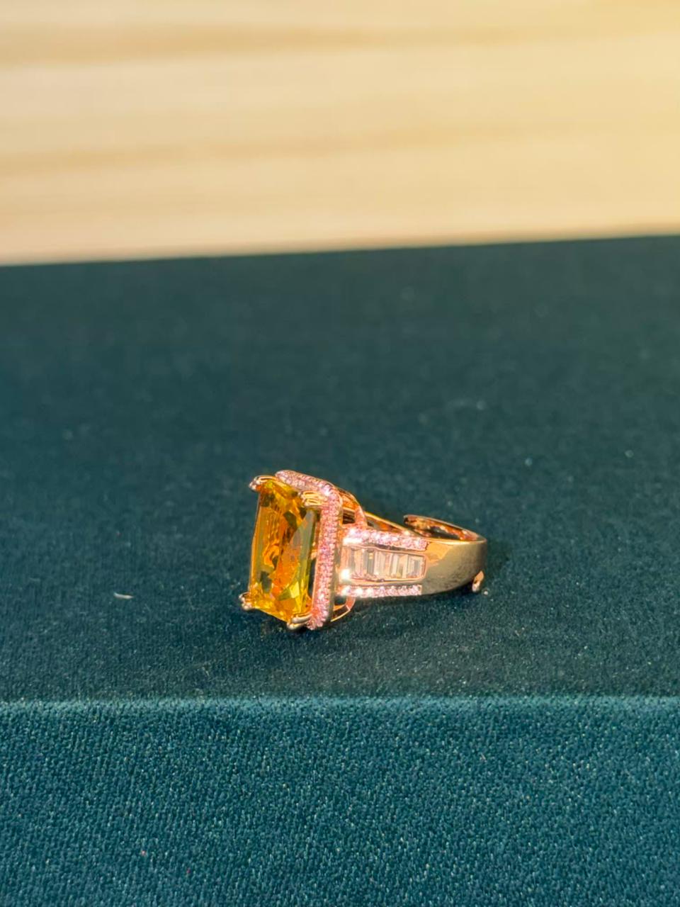 Rectangular Yellow Stone Ring with Side Stones Gold Plated Band Ring Size Adjustable