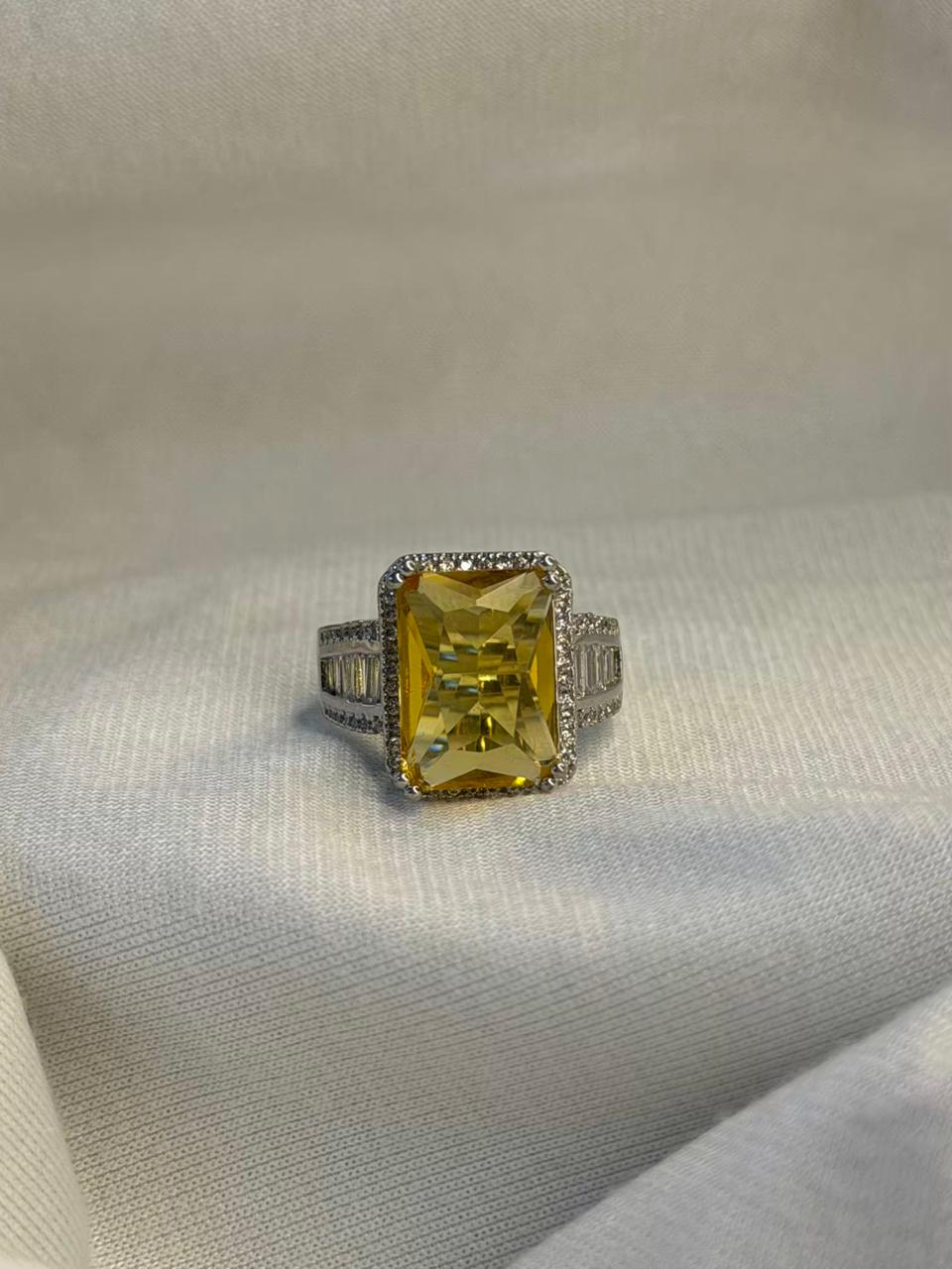 Rectangular Yellow Stone Ring with Side Stones Silver Plated Band Ring Size Adjustable
