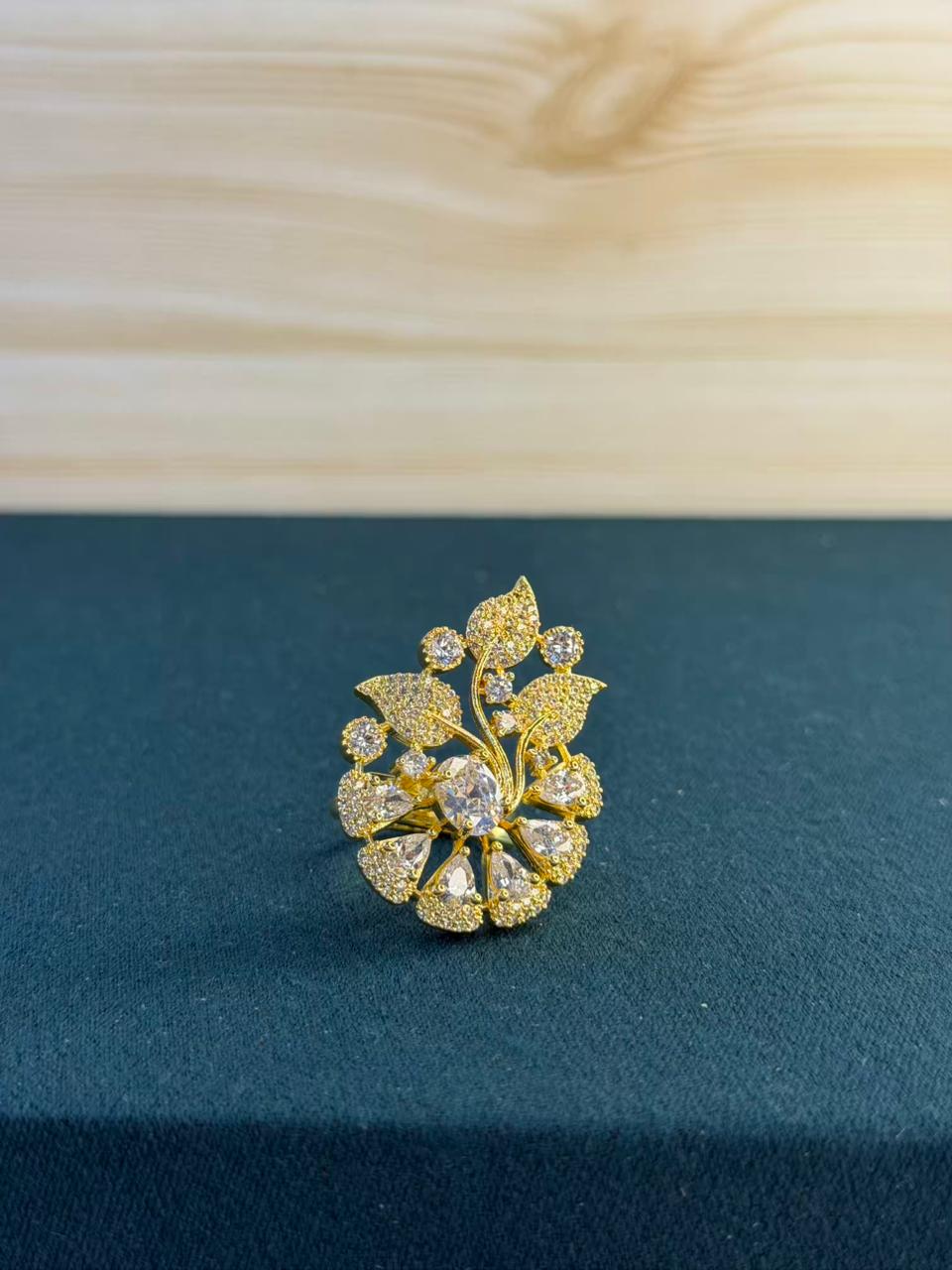 White Stone Cluster Design Gold Plated Ring Size Adjustable