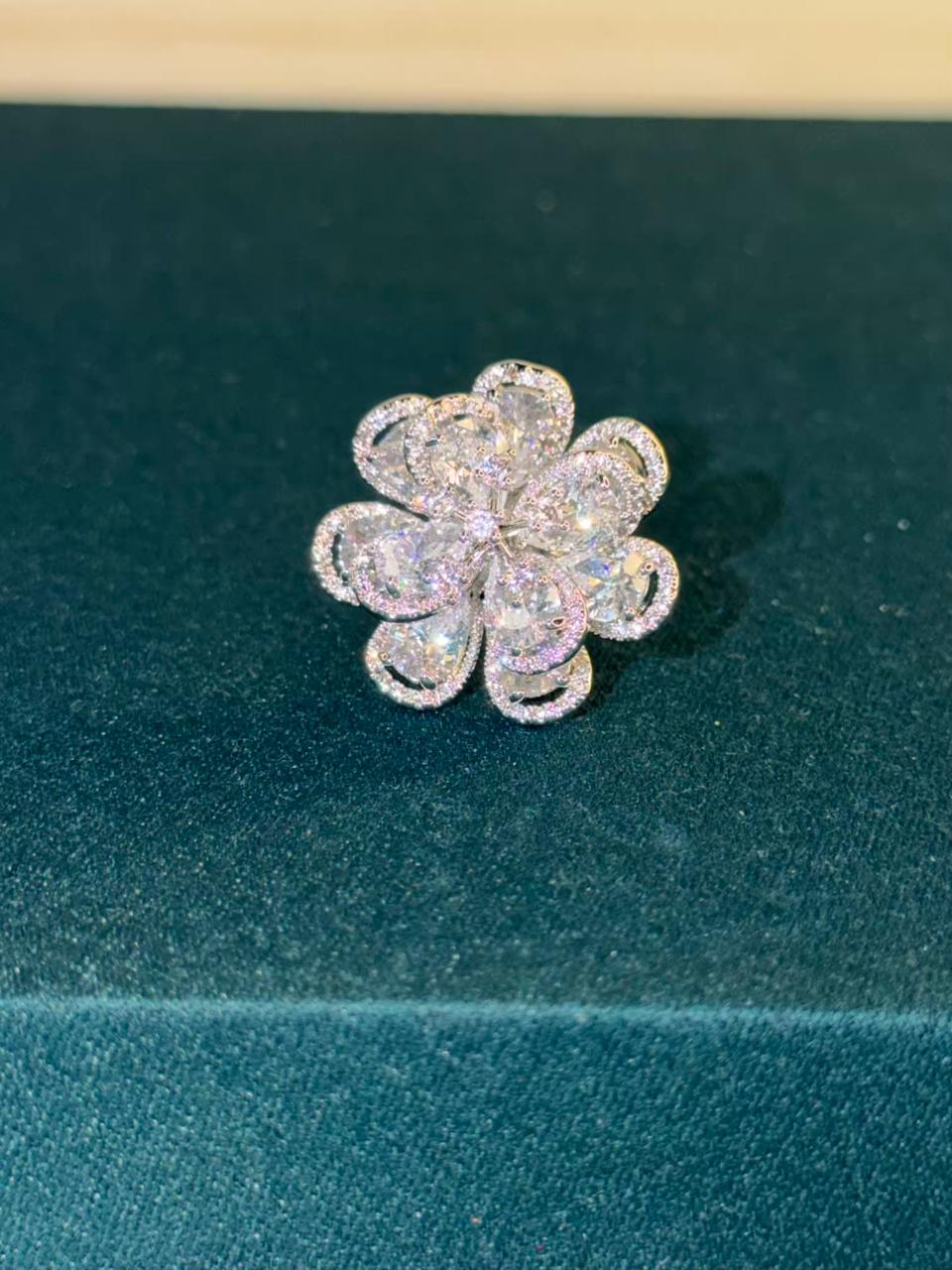 White Stone Studded Flower Shape Silver Plated Ring Size Adjustable