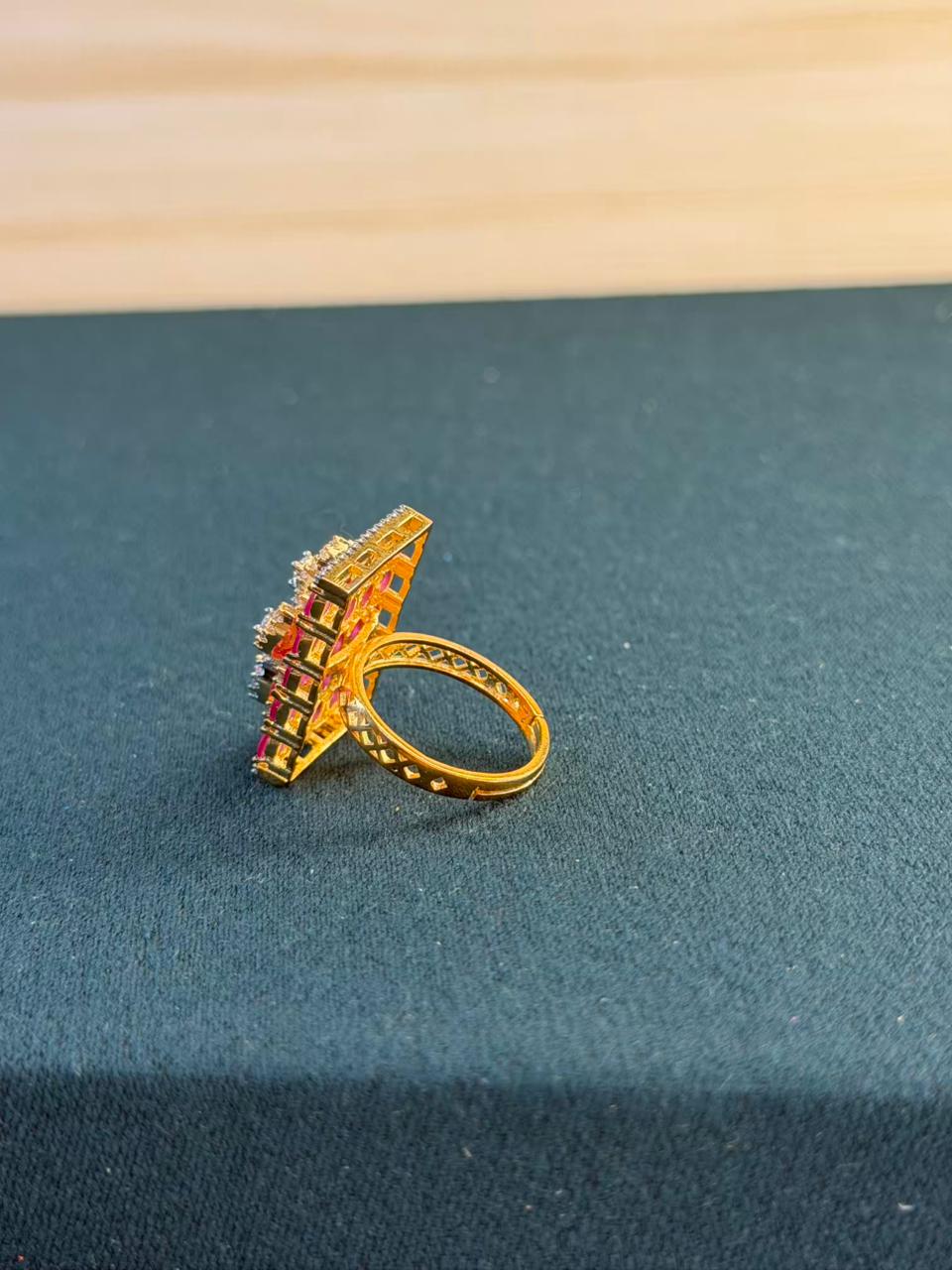 Pink and White Stone Square Design Gold Plated Ring Size Adjustable