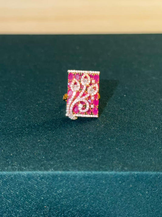 Pink Stone Cluster Design Gold Plated Ring Size Adjustable