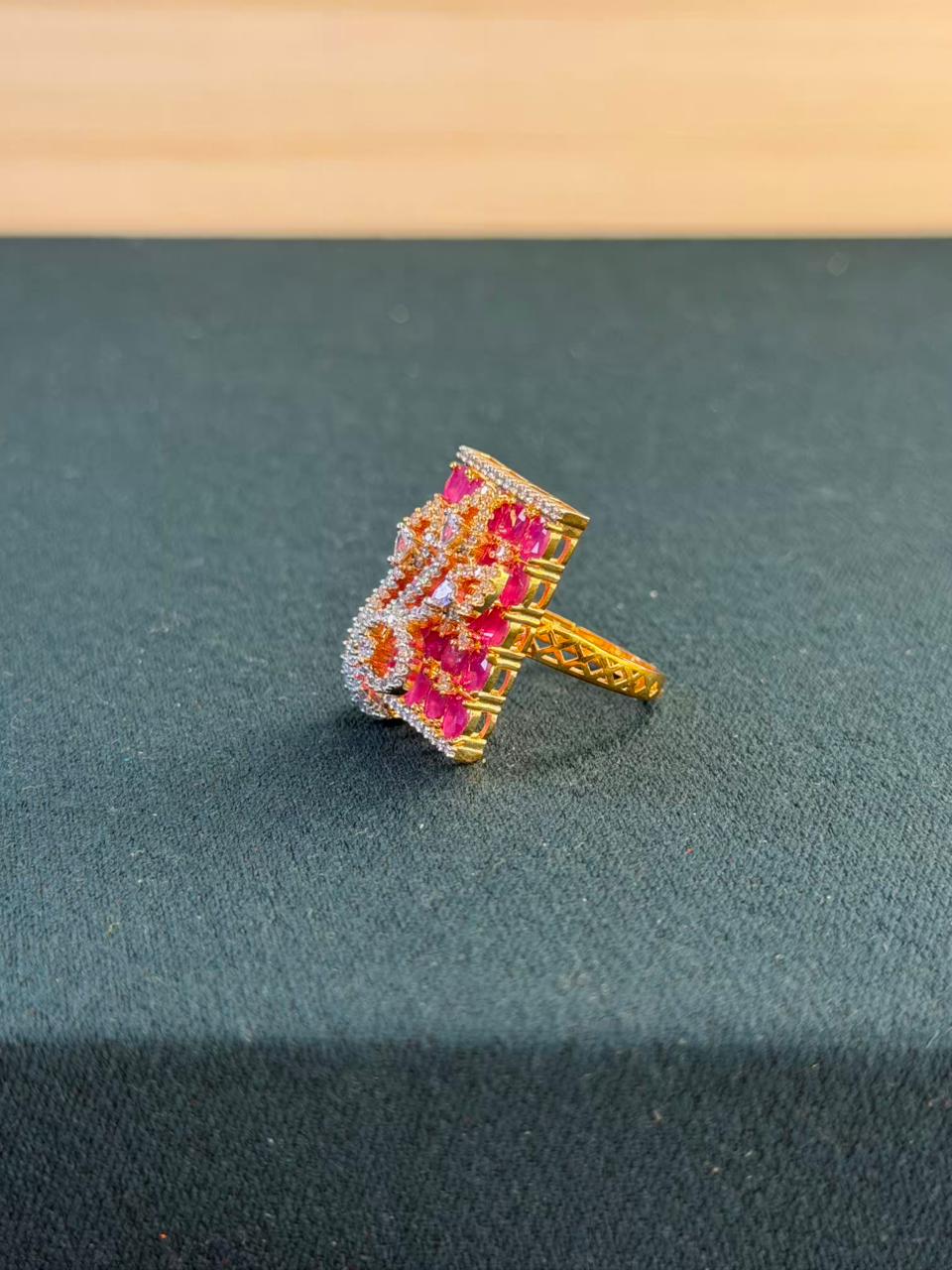 Pink Stone Cluster Design Gold Plated Ring Size Adjustable