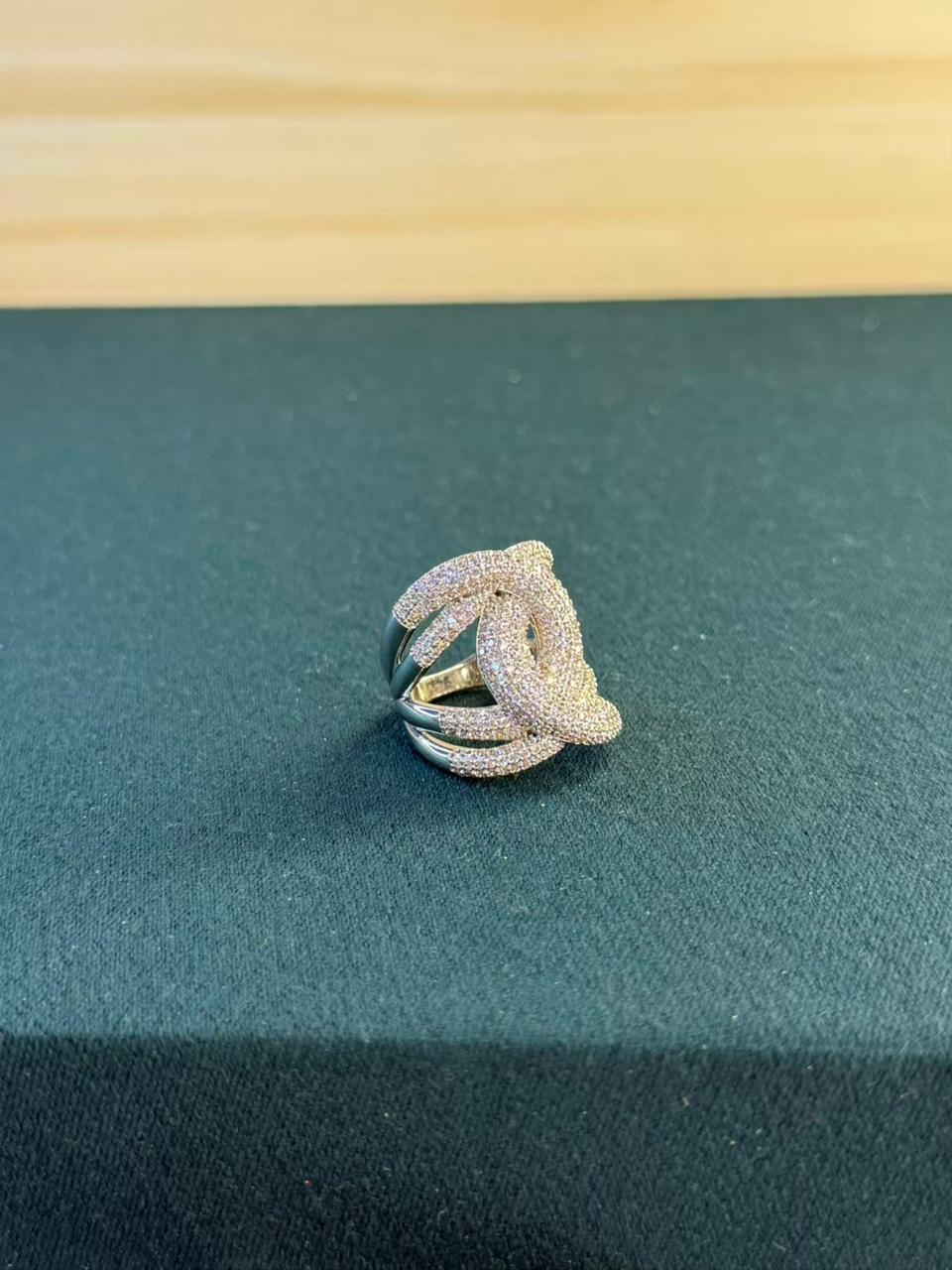 White Stone Crisscross Design Silver Plated Ring Size 8 US