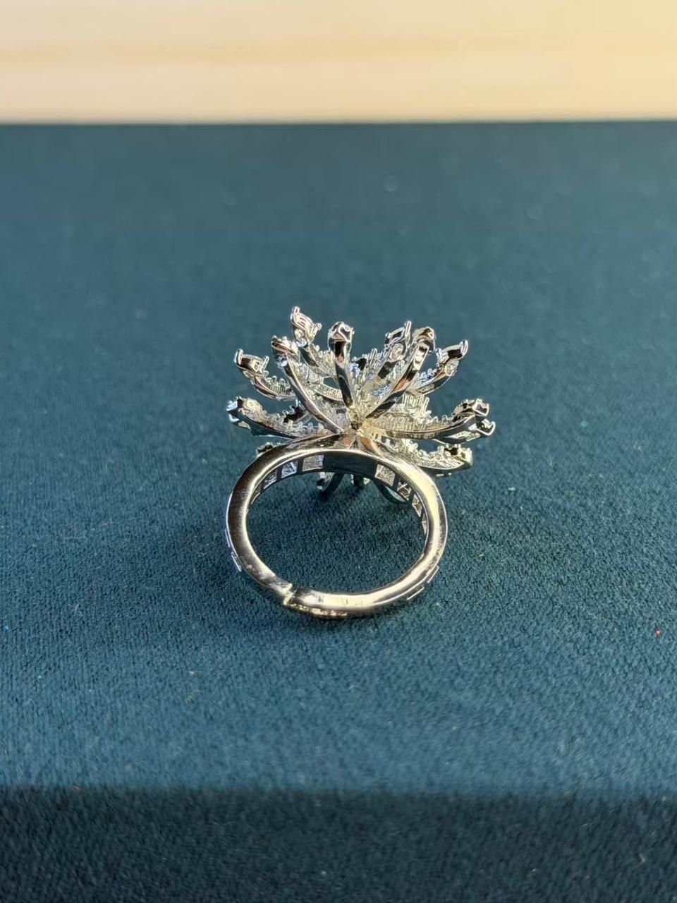 White Stone Cluster Star Design Silver Plated Ring Size Adjustable