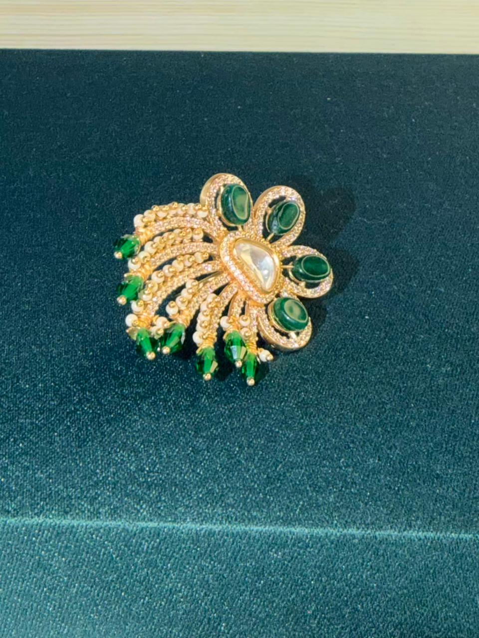 Green Stone Floral Peacock Design Gold Plated Ring Size Adjustable