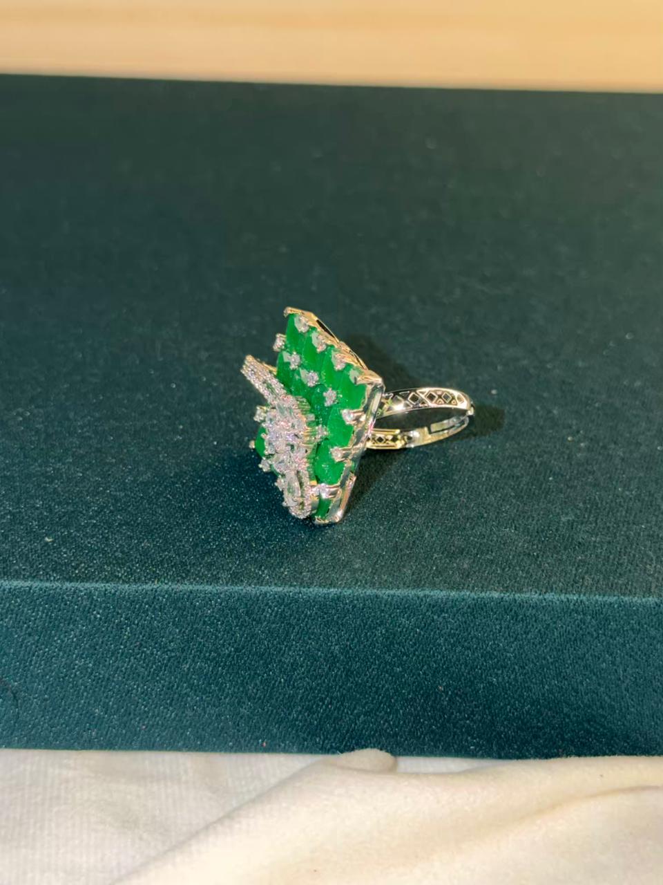 Green Stone Grid Design Floral Silver Plated Ring Size Adjustable