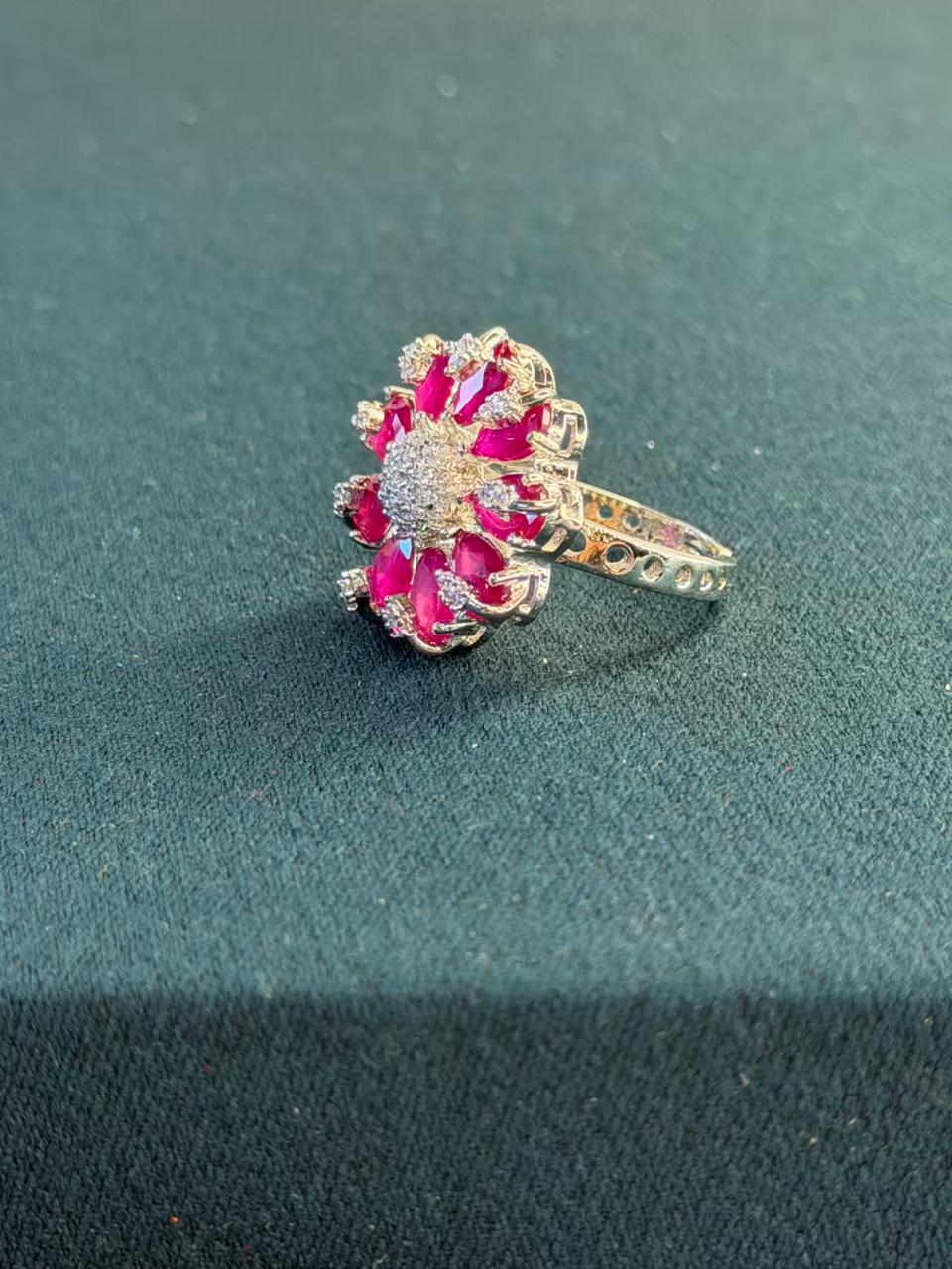 Pink Stone Round Cluster Design Silver Plated Ring Size Adjustable