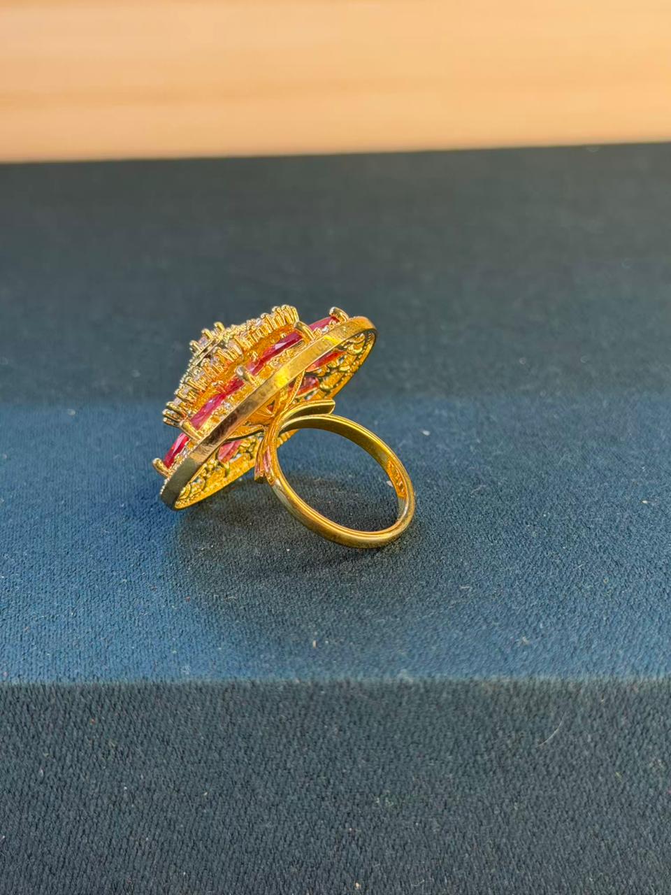 Peach and White Stone Flower Design Gold Plated Ring Size Adjustable