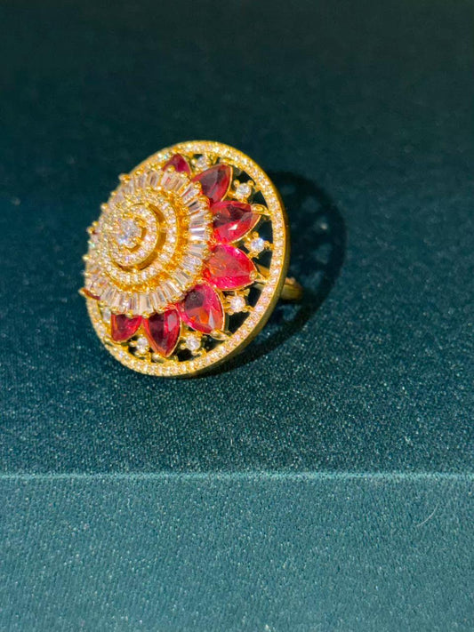 Red and White Stone Round Design Gold Plated Ring Size Adjustable