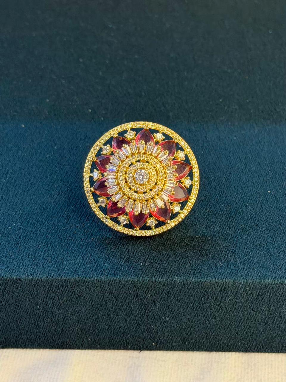 Red and White Stone Round Design Gold Plated Ring Size Adjustable