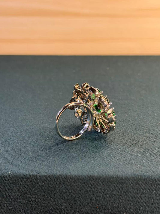 Green Stone Floral Leaf Design Ring Silver Plated Ring Size Adjustable