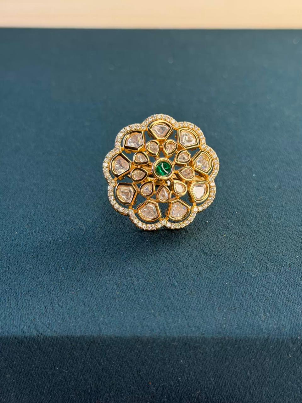 Green Center Stone Kundan Design Ring Gold Plated Ring Size Adjustable