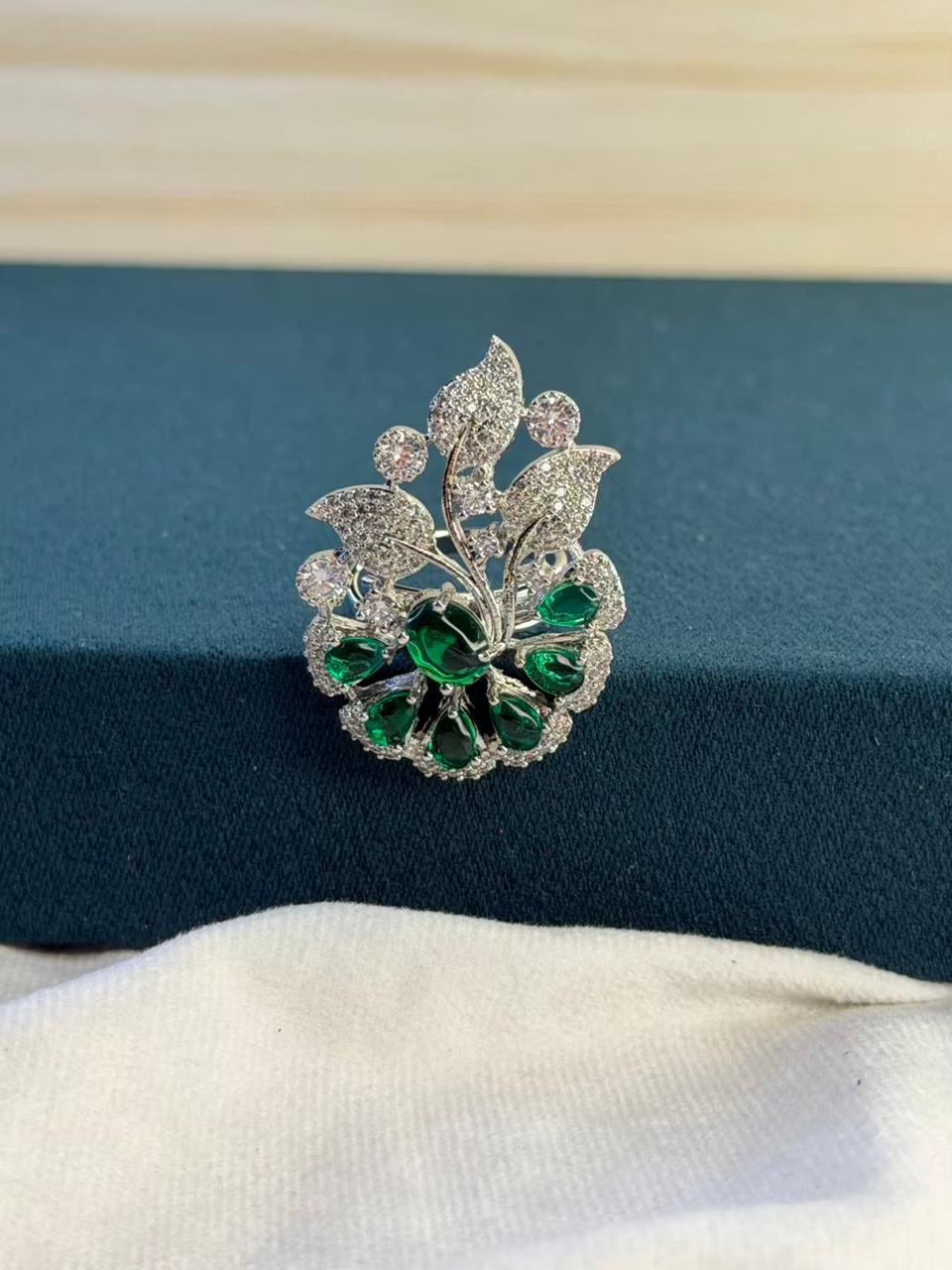 Green Stone Floral Leaf Design Ring Silver Plated Ring Size Adjustable