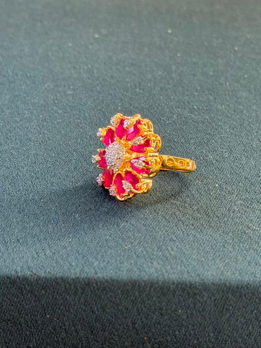 Pink Stone Round Cluster Design Gold Plated Ring Size Adjustable