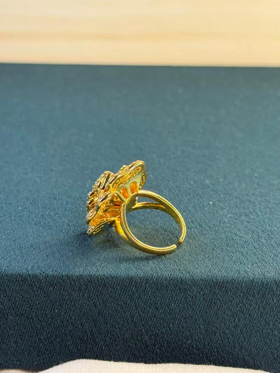 Rose Design White Stone Gold Plated Ring Size Adjustable