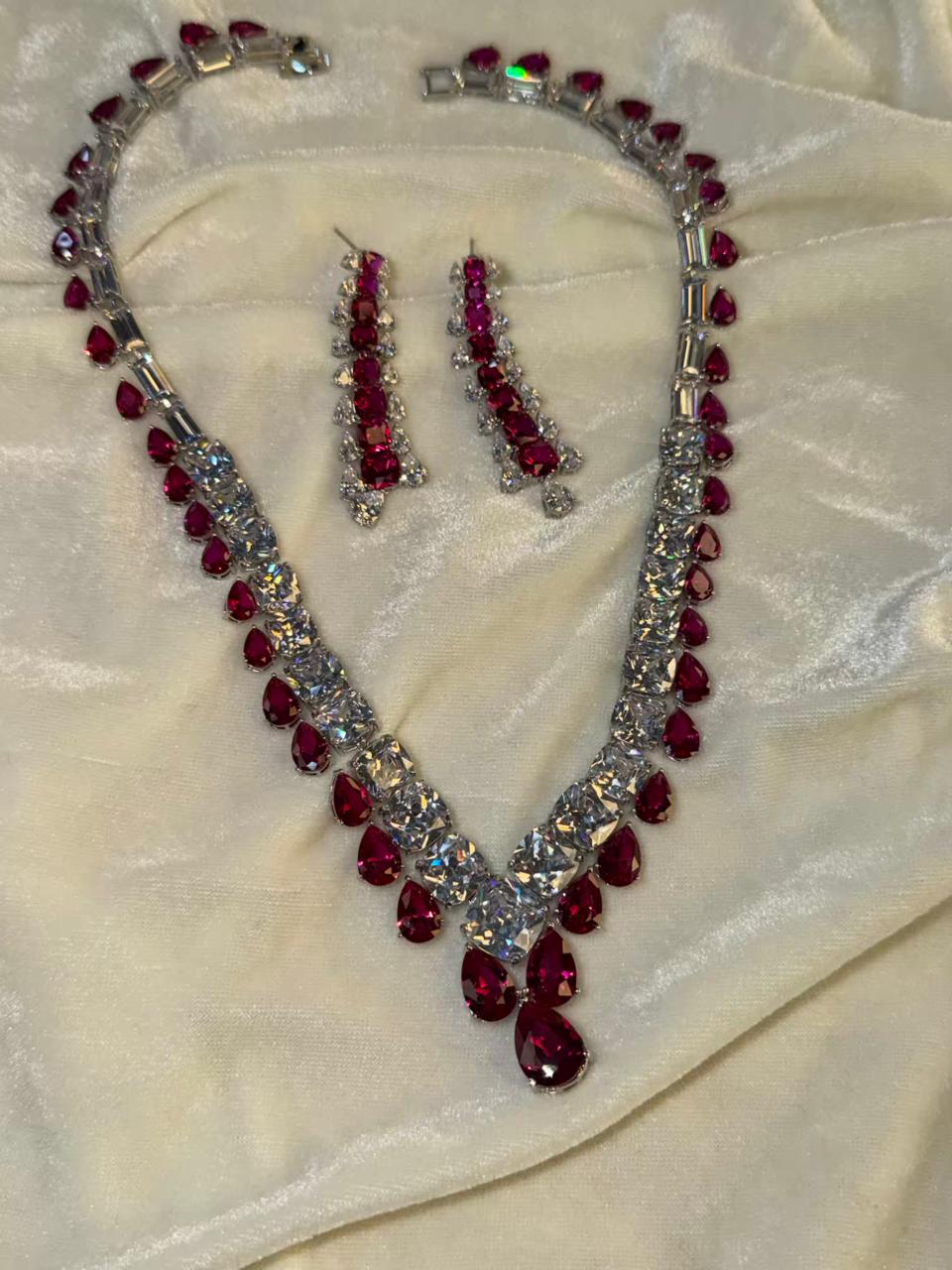 Teardrop and Square Design Rhodium-Plated Necklace Set with Ruby Red Stones