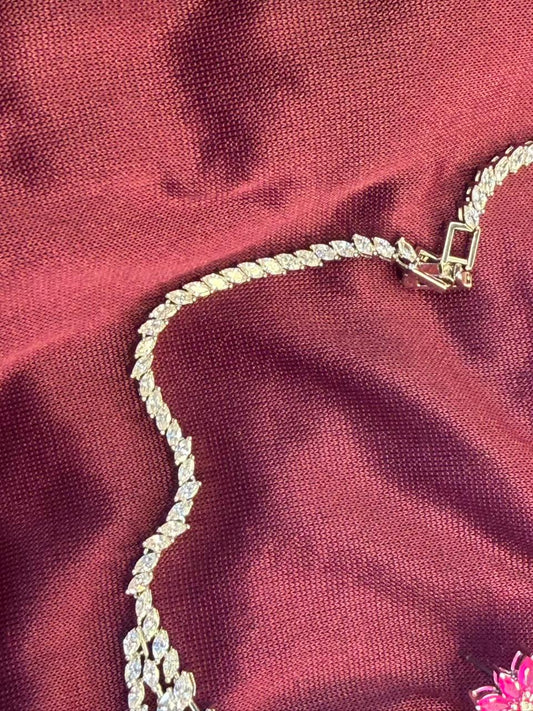 Floral Cascade Design Rhodium-Plated Silver Necklace Set with Ruby Pink Stones