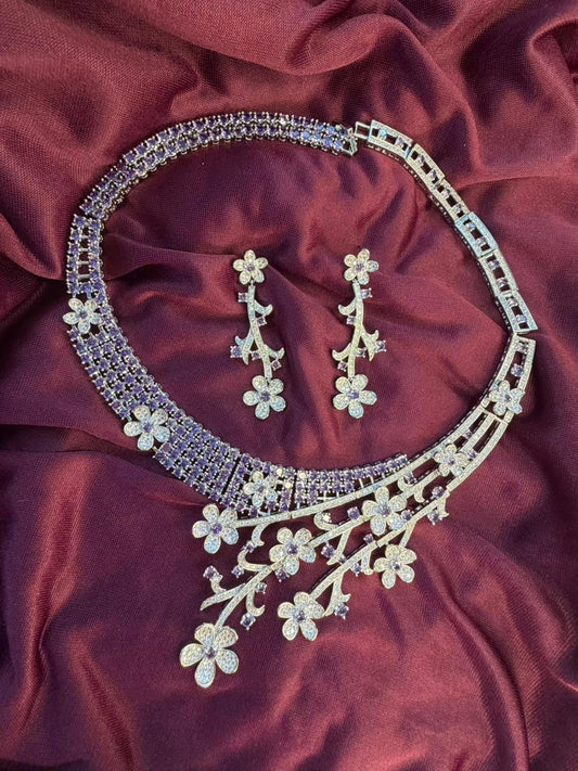 Floral Vine Design Rhodium-Plated Silver Necklace Set with Lavender and Clear Stones