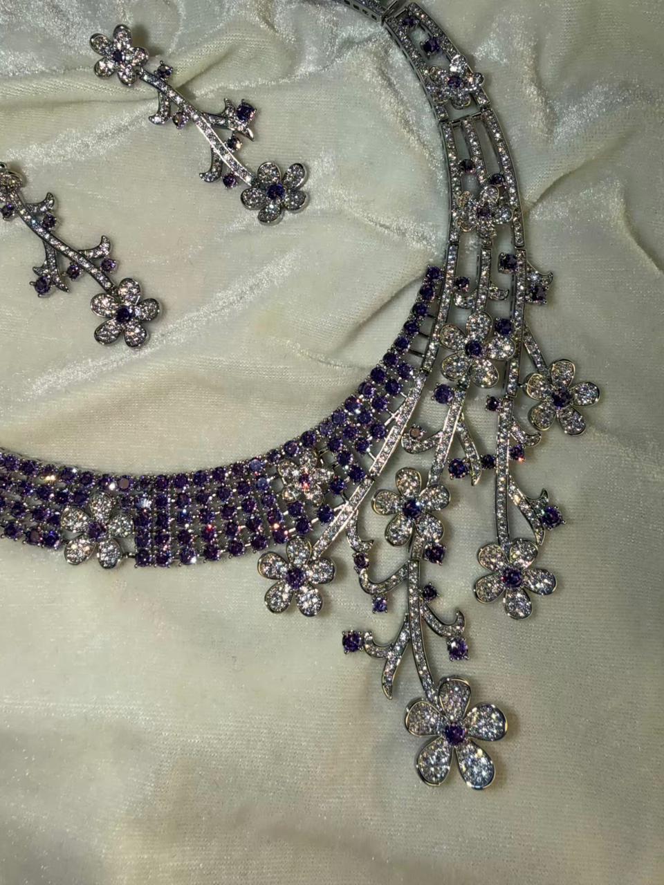 Floral Vine Design Rhodium-Plated Silver Necklace Set with Lavender and Clear Stones