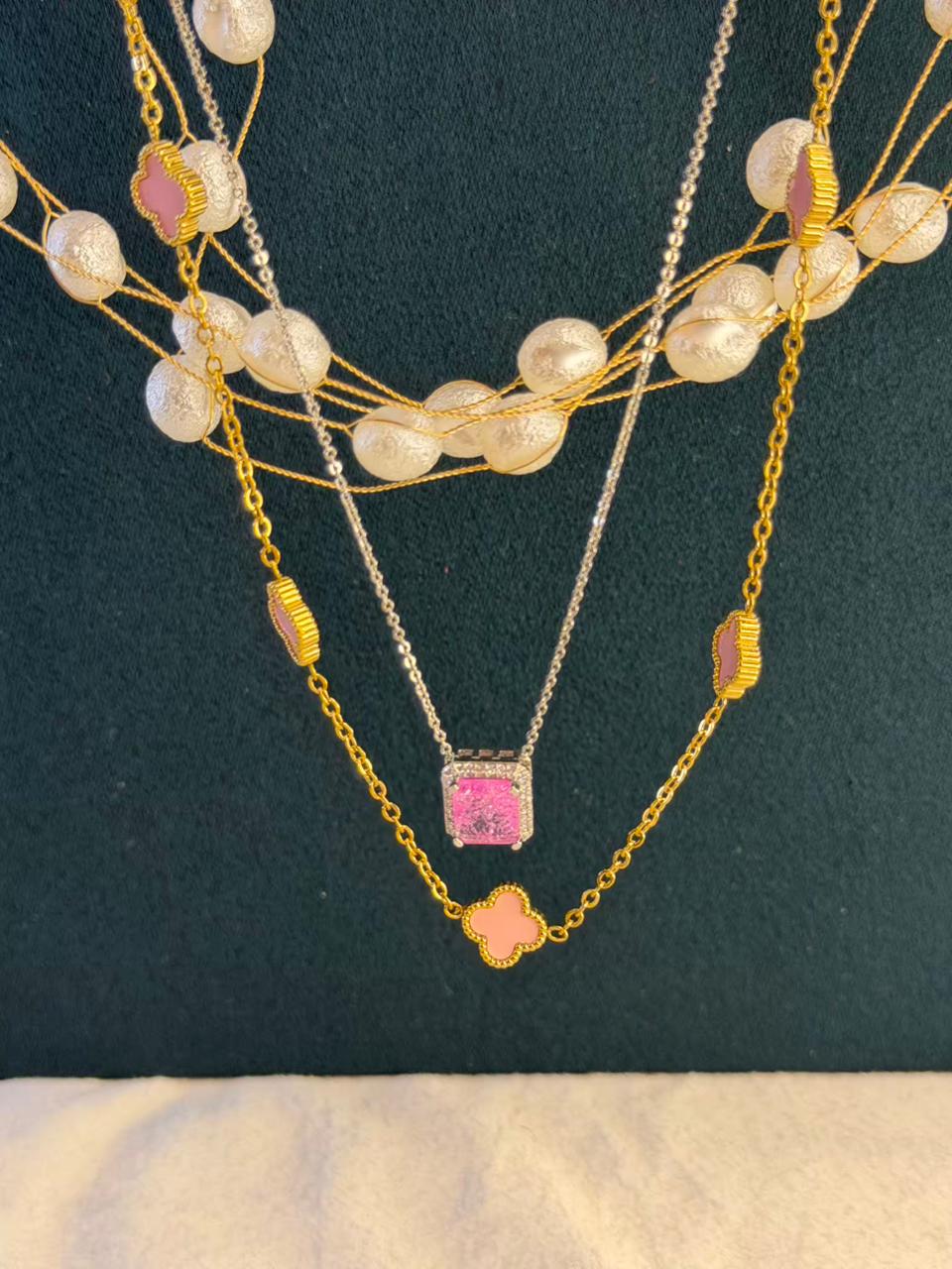 Pink Prism & Pearl Tria Gold Plated Necklace