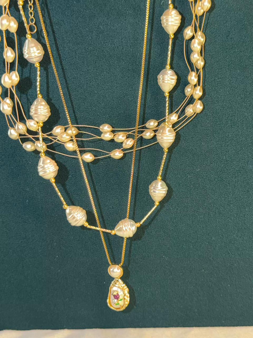 Baroque Pearl Garland with Floral Locket Gold Plated Necklace