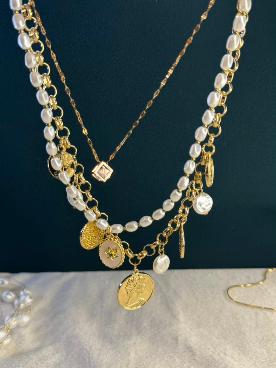 Ivory Pearl Coin Talisman Gold Plated Necklace