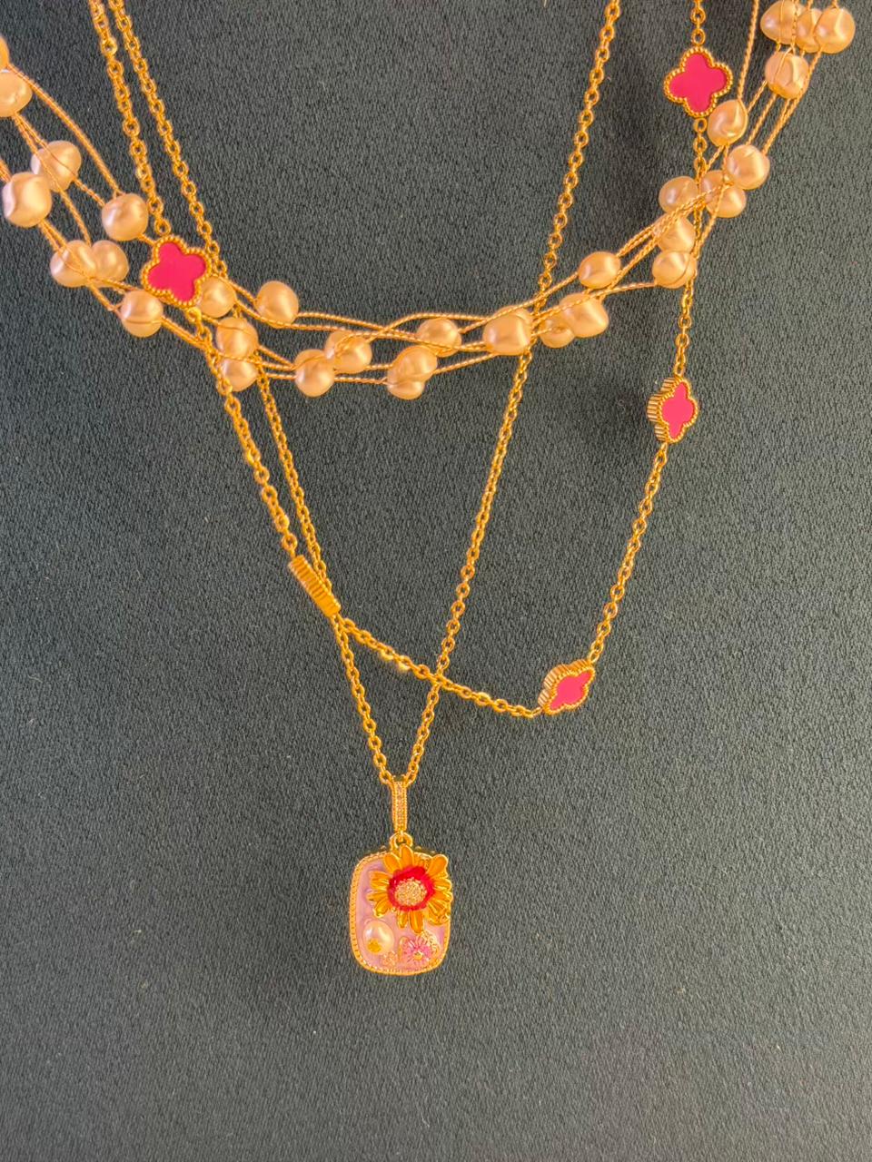 “Peach Pearl & Pink Clover Cascade with Floral Pendant Gold Plated Necklace