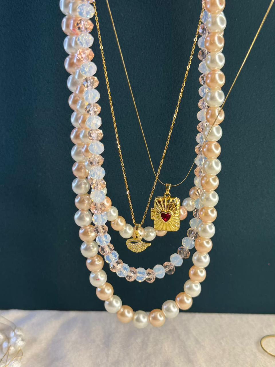 Ivory Pearl Crystal Heart Locket Gold Plated Necklace