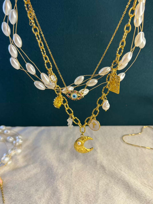 Ivory Pearl Evil Eye Moon Charm Gold Plated Necklace