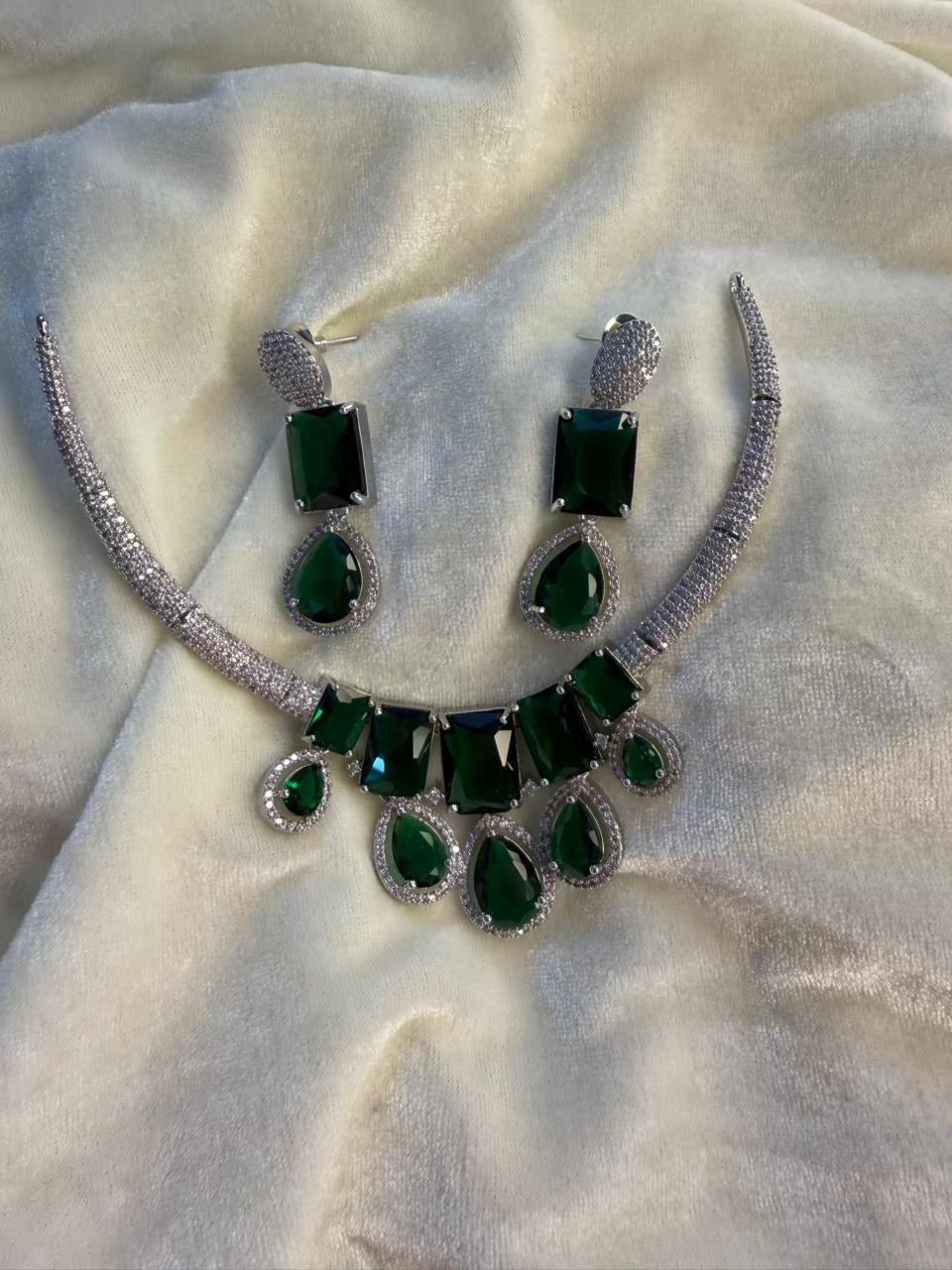 Rectangular and Teardrop Design Rhodium-Plated Necklace Set with Emerald Green Stones