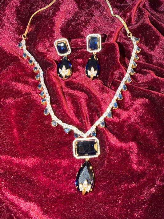 Square and Teardrop Design Gold-Plated Necklace Set with Navy Blue Stones