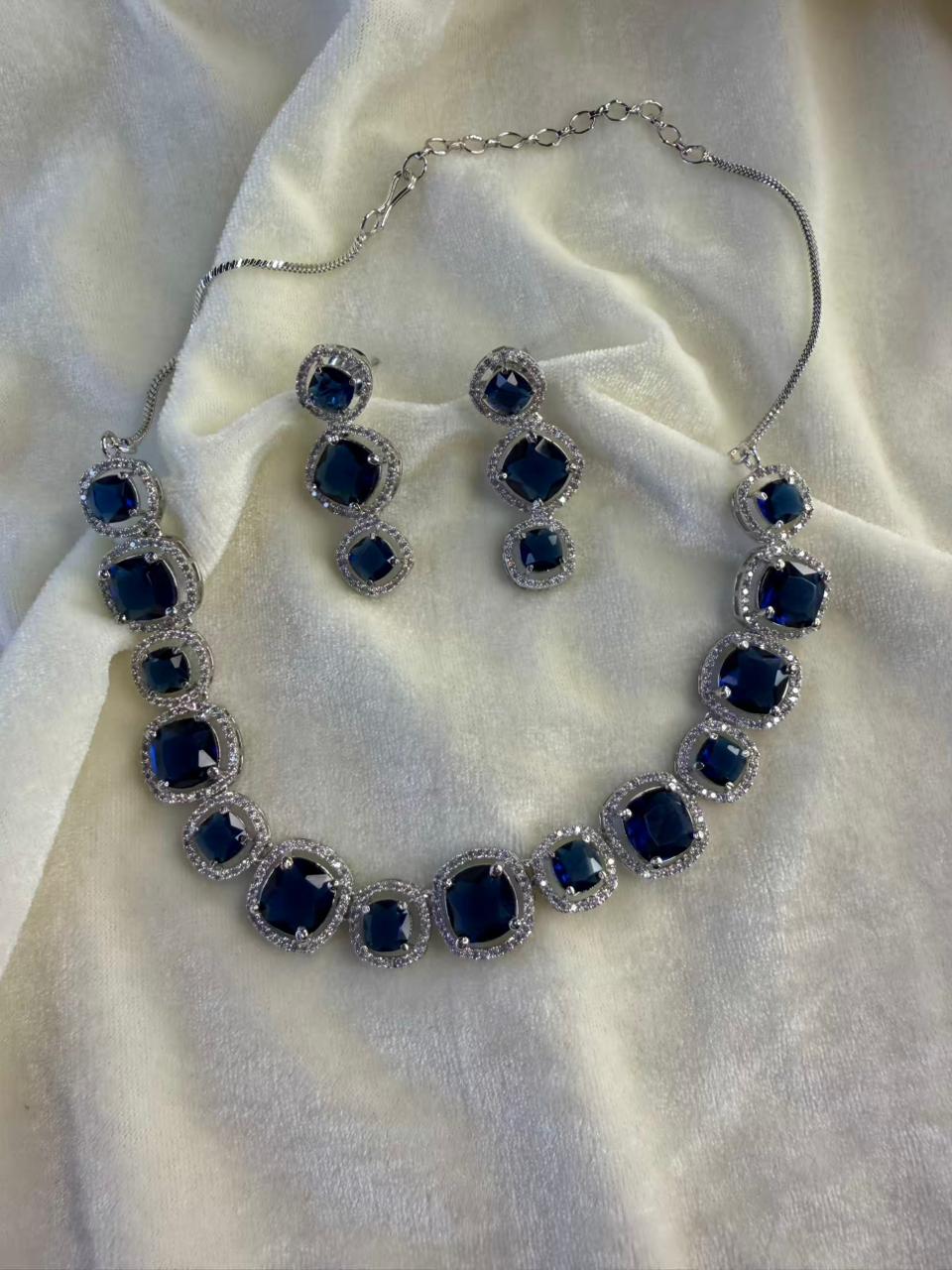 Royal Blue Cushion Halo Statement Necklace Set
