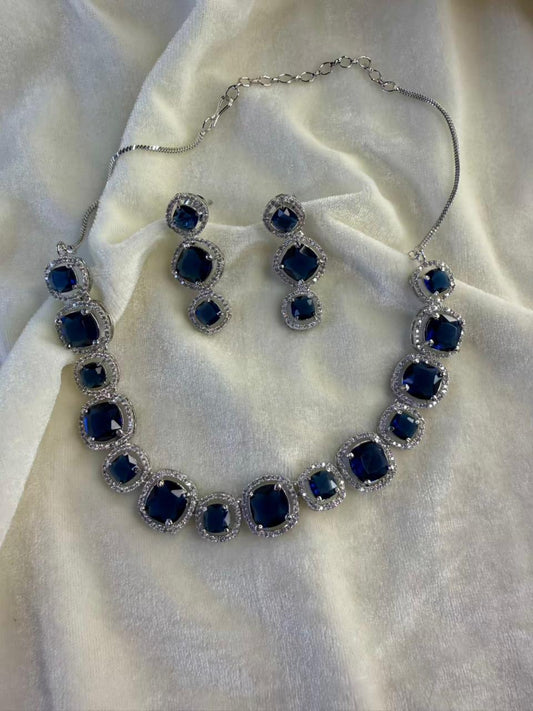 Royal Blue Cushion Halo Statement Necklace Set