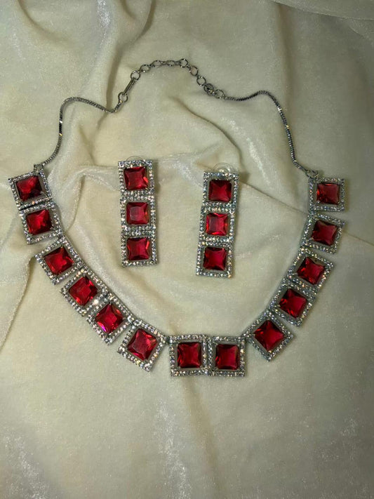 Princess-Cut Ruby Red Crystal Halo Statement Necklace Set