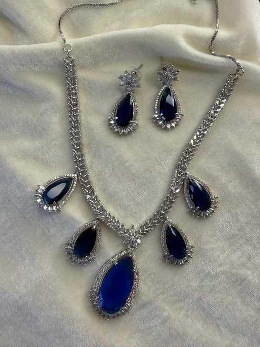 Royal Blue Teardrop Crystal Statement Necklace Set