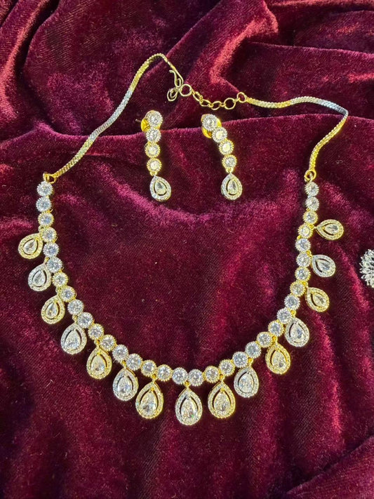 Round and Teardrop Design Gold-Plated Necklace Set with Clear Stones