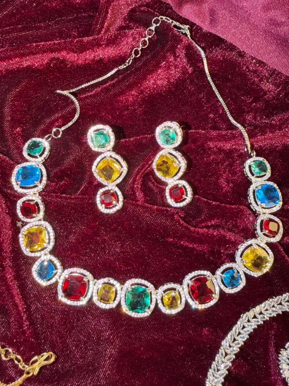 Square Halo Design Rhodium-Plated Necklace Set with Multicolor Stones