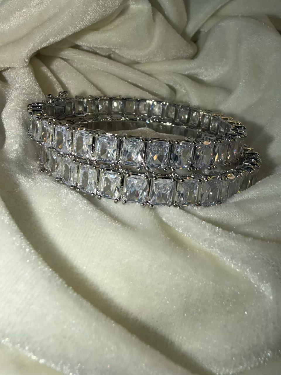 Emerald Cut Crystal Silver Plated Designer Kada Bangles Openable Upto Size 2.8