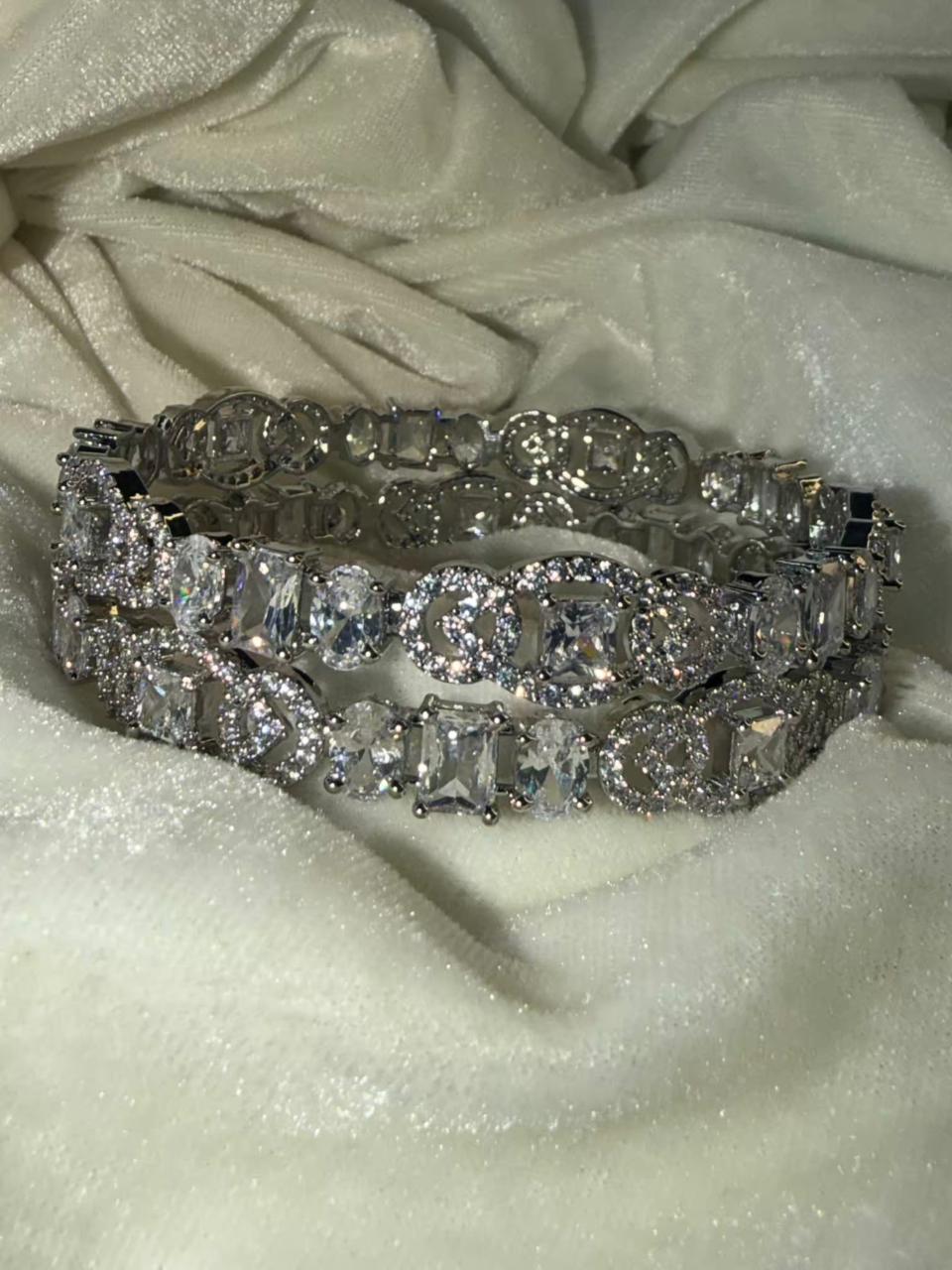Mixed Cut Crystal Silver Plated Designer Kada Bangles Size 2.8