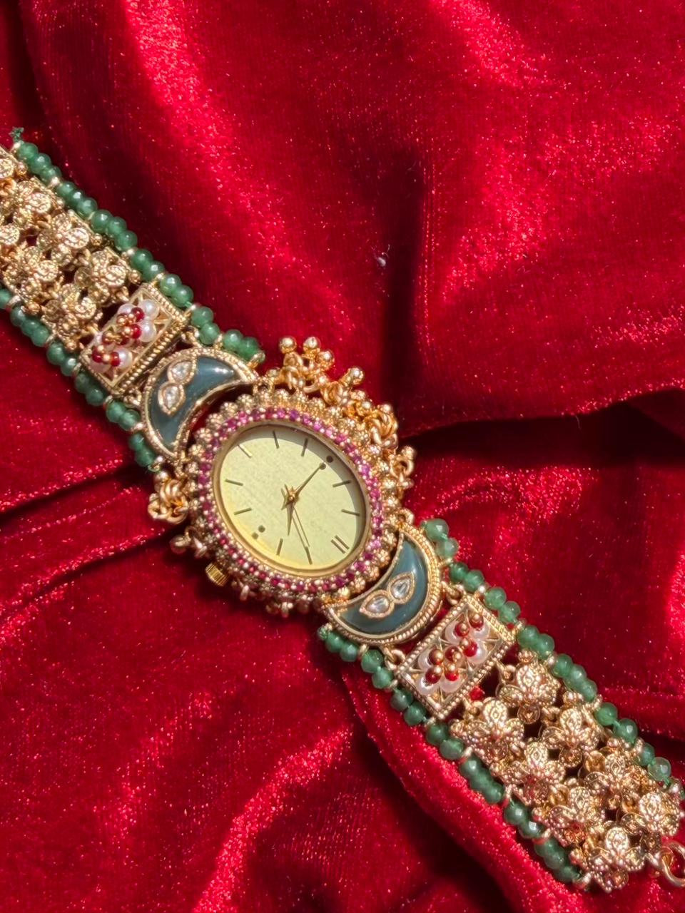 Round Dial Kundan Green Beaded Gold Plated Designer Watch Heritage Maharani Watch