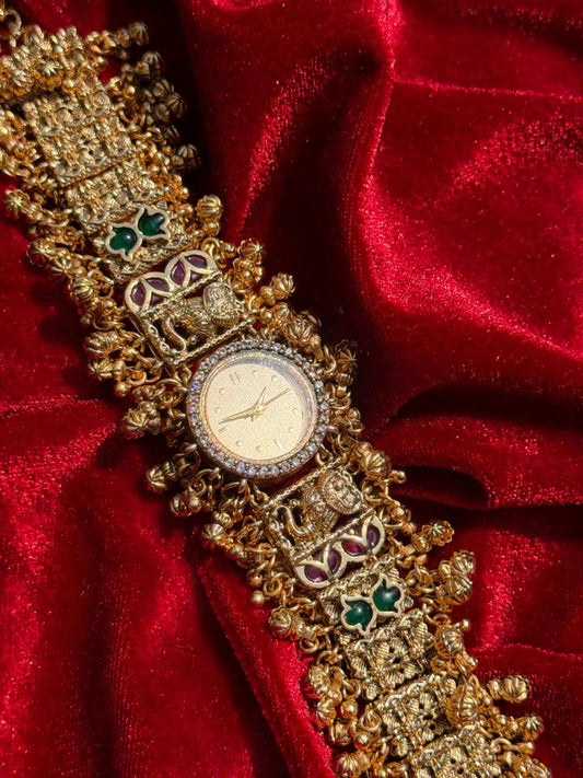 Round Dial Elephant Motif Kundan Gold Plated Heritage Maharani Watch ( Partial COD 200₹ )